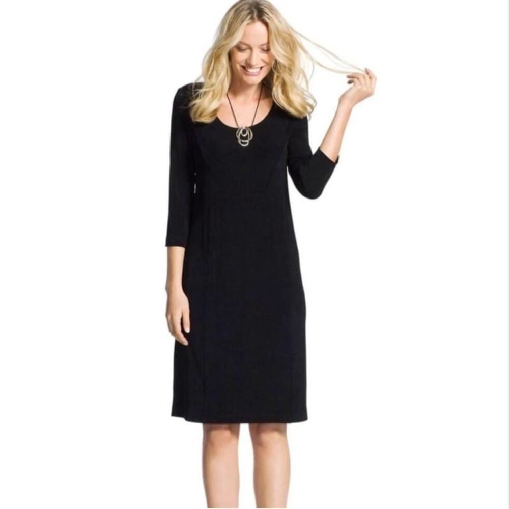 Chico's Classic Black Ponte Knit 3/4 Sleeve Sheath Dress Size Chicos O = XS
